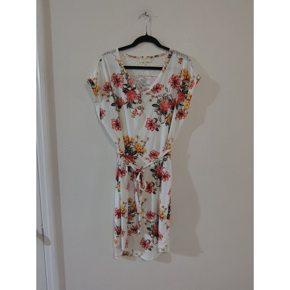 Bobbie Brooks Plus Size 2X Floral V-Neck Lace Yoke Tie Waist Dress White Pink